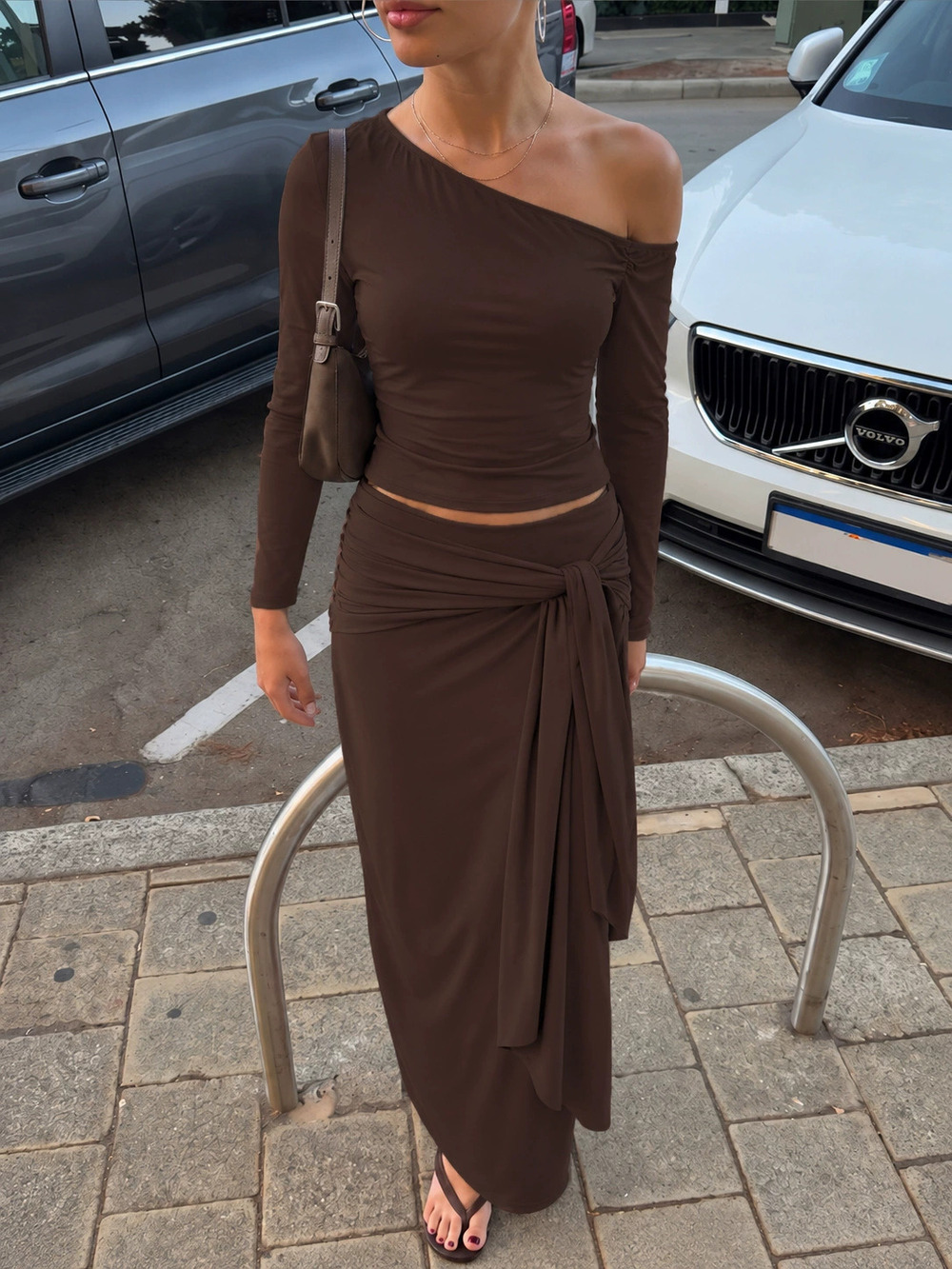 Zara Maillard Style One Shoulder Fitted Crop Top and Flowing Long Skirt 2-Piece - Picture 3 of 6